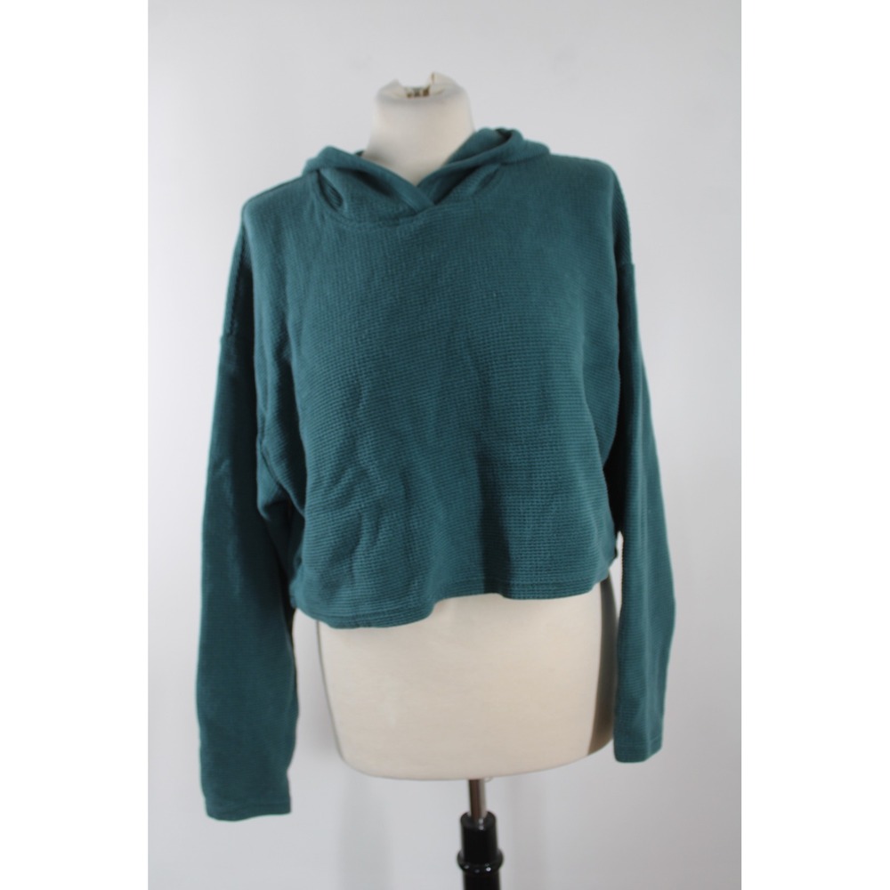 Athleta M Teal Green Waffle Knit Cropped Hoodie Tencel Blend Pullover